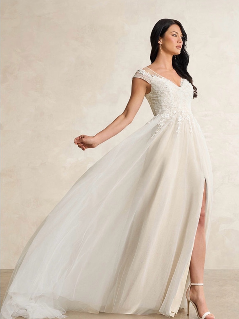 Azazie Diamond White Champagne Off-the-Shoulder Lace A-Line Gown with Side Slit